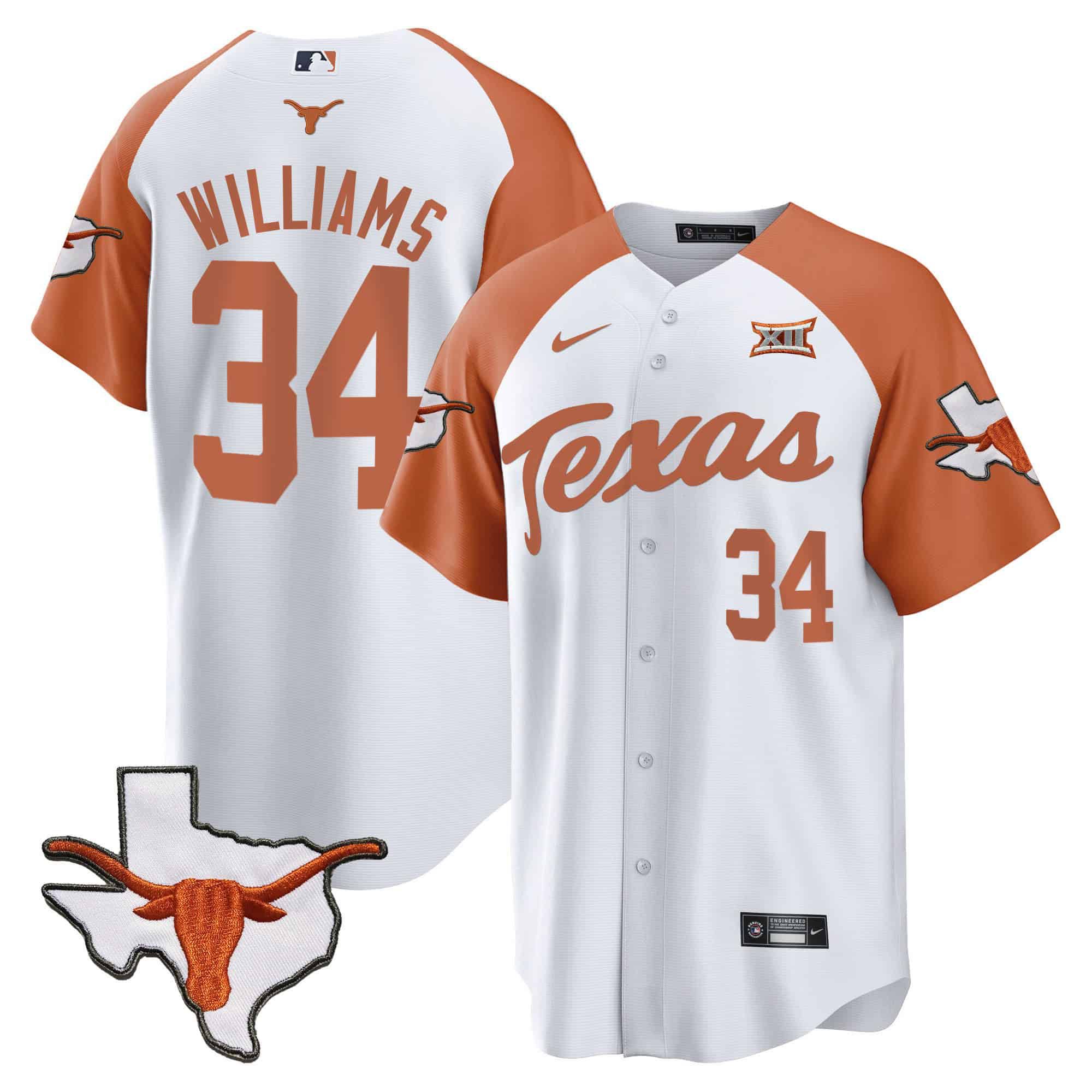 Men Texas Longhorns 34 Williams White 2024 Baseball NCAA Jersey style 2